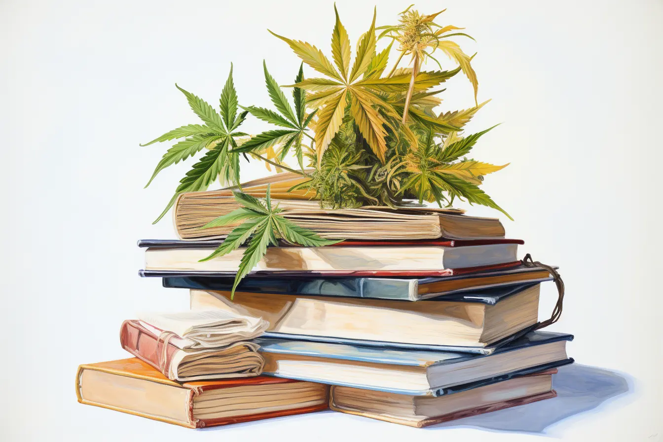 Einige Cannabisblätter zieren einen geordneten Bücherhaufen.